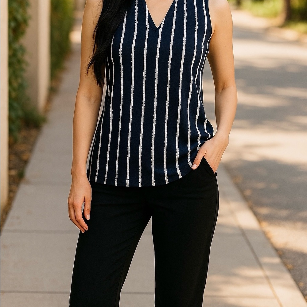 Jones NY Signature V Neck Woman Sleeveless Striped Top Pullover Small